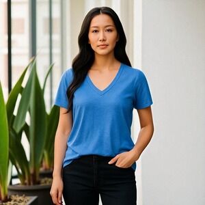 Vineyard Vines Womens Linen T Shirt Beach Blue V Neck Short Sleeve Size Large‎